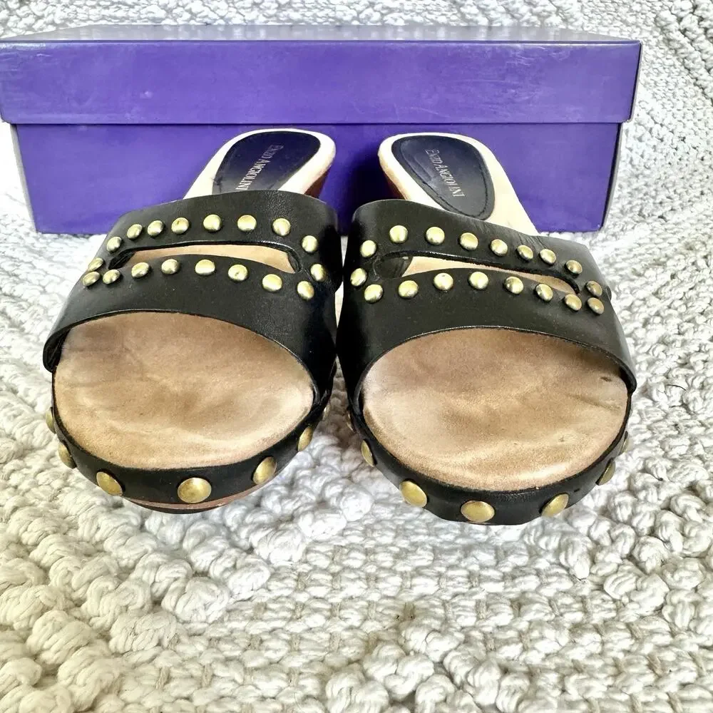 Enzo Angiolini Womens 5.5 Black Sandals Wood Heel Slide On Strap Fashion Y2k 90s